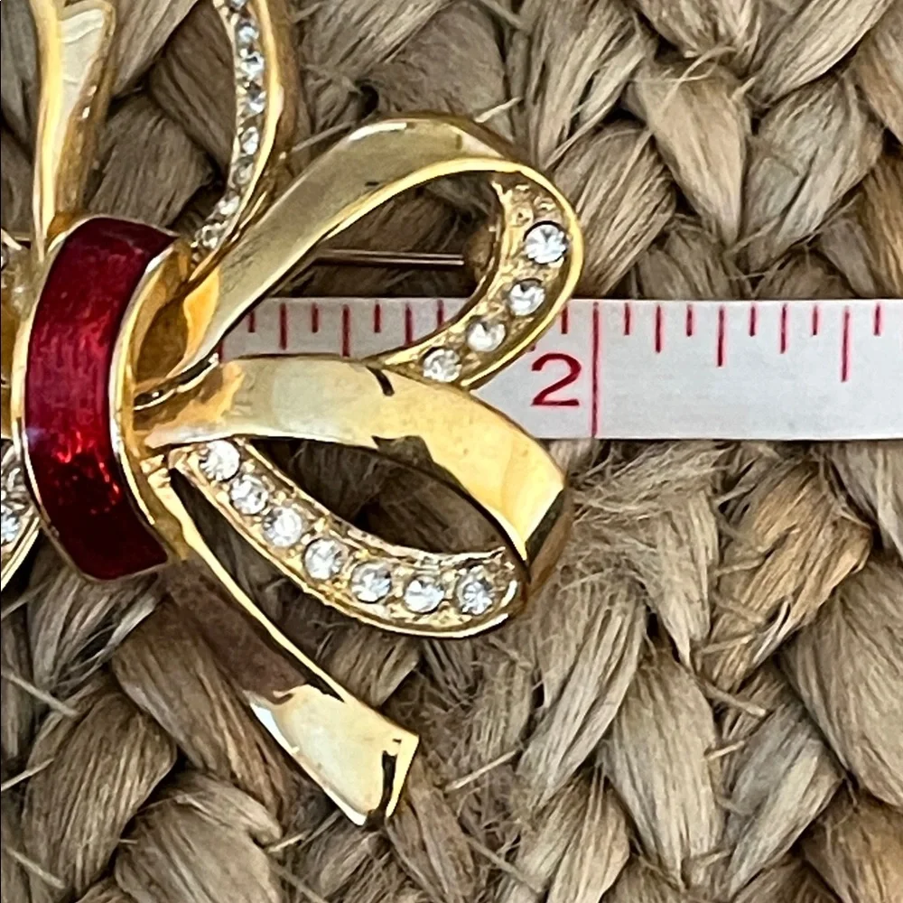 Vintage Roman‎ Gold Tone and Red Enamel Bow Brooch with Rhinestones